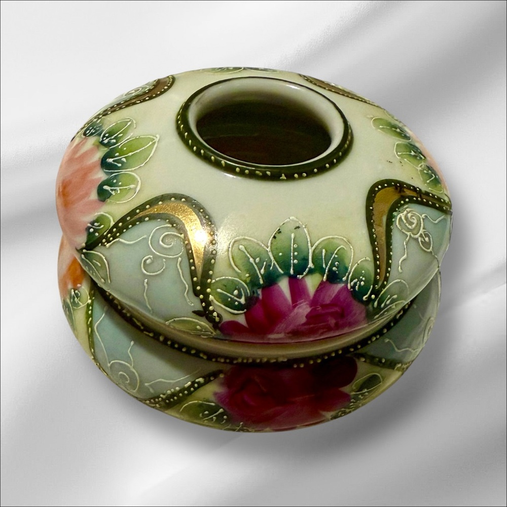 Antique Hand Painted Nippon Hair Receiver, Two Tone Flowers Moriage Beading 101M